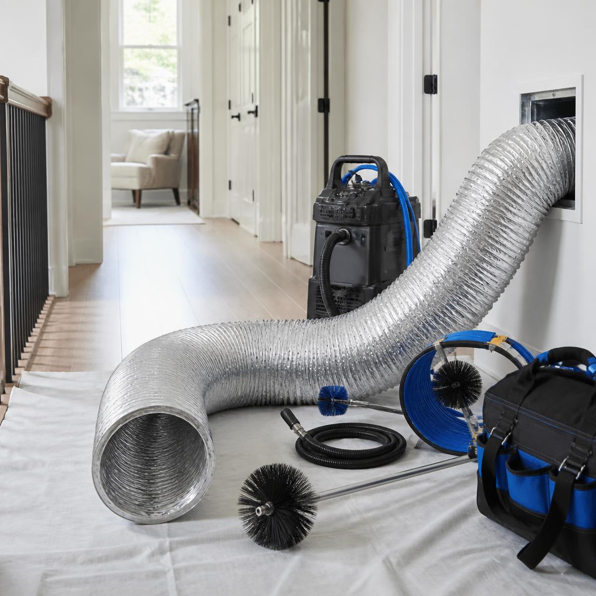 Clean flexible ducting and professional duct cleaning equipment laid out on a protective mat in a bright home hallway